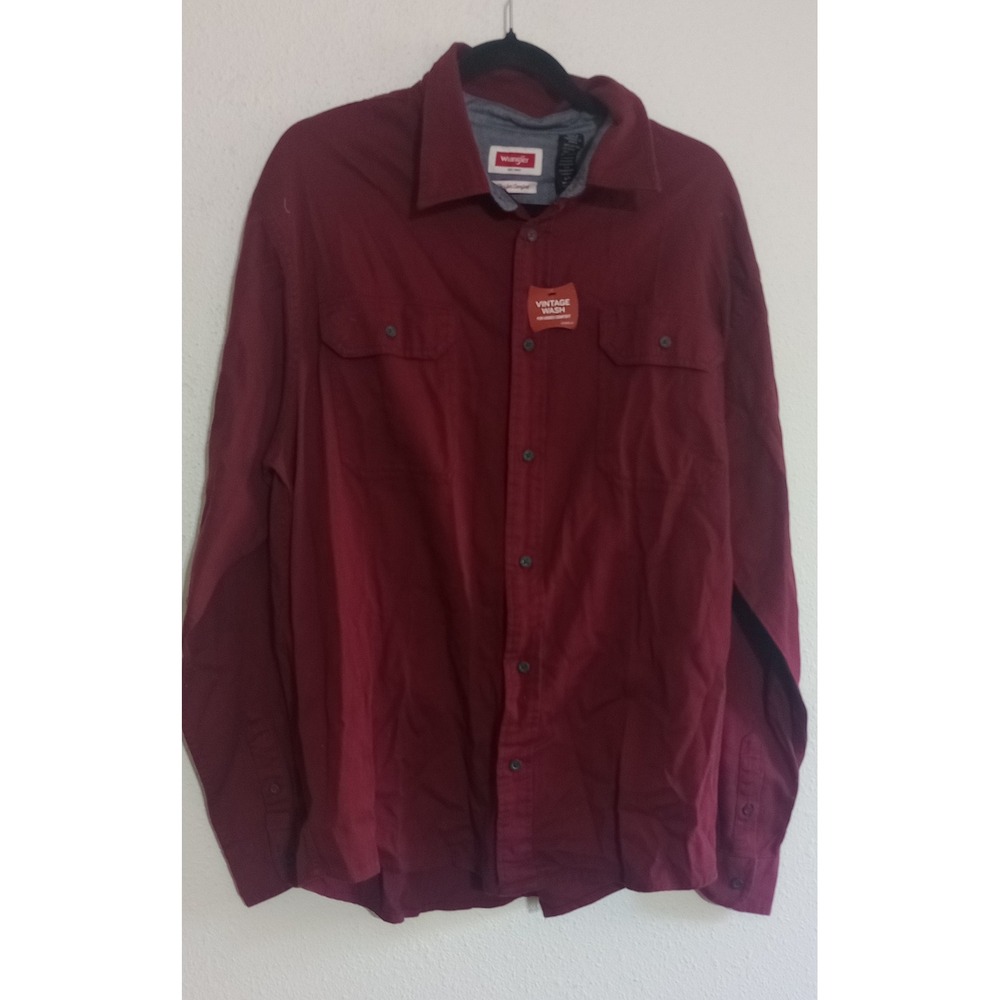 Wrangler Mens Flex for Comfort Vintage Wash Long Sleeve Button Down Shirt Red L